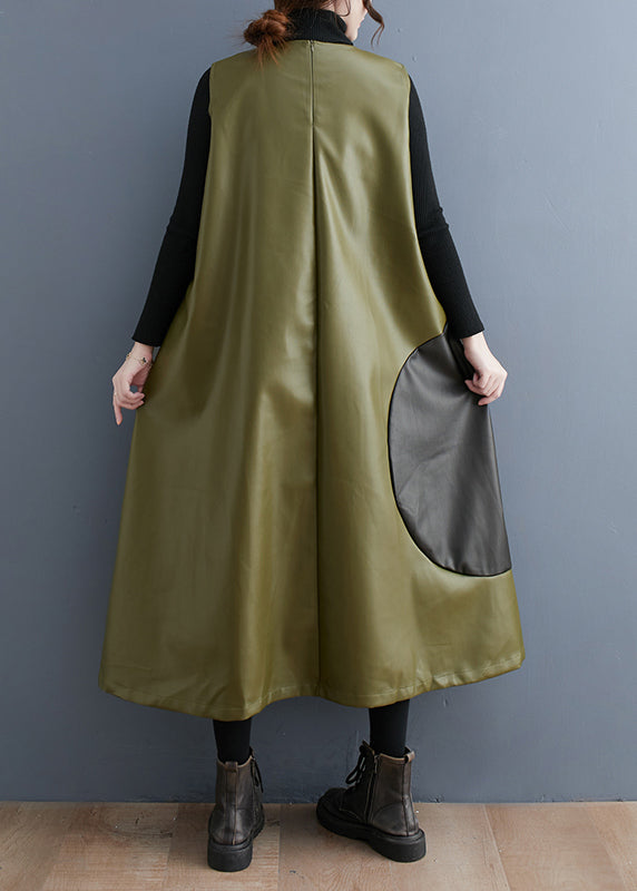 Army Green Asymmetrical Patchwork Faux Leather Long Dresses Sleeveless
