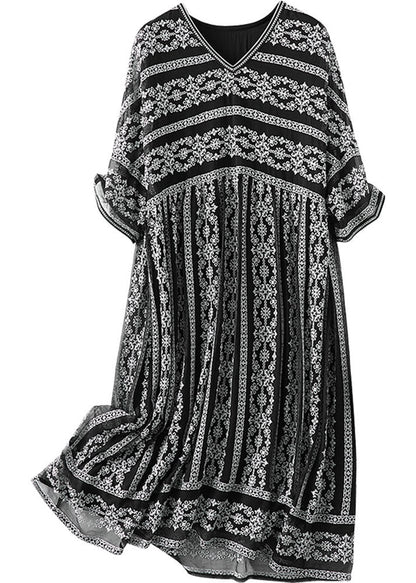 Black O-neck Draping Embroideried Silk Dresses Summer