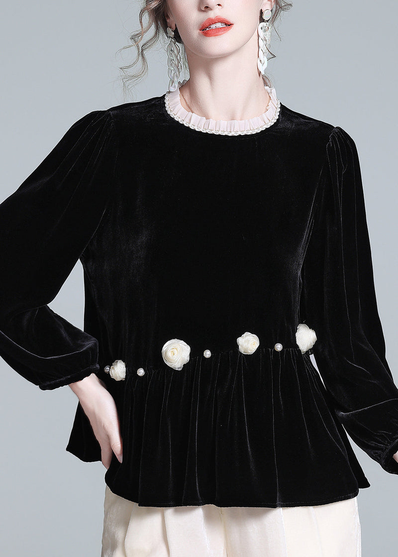 French Black O-neck Wrinkled Silk Velour Top Lantern Sleeve