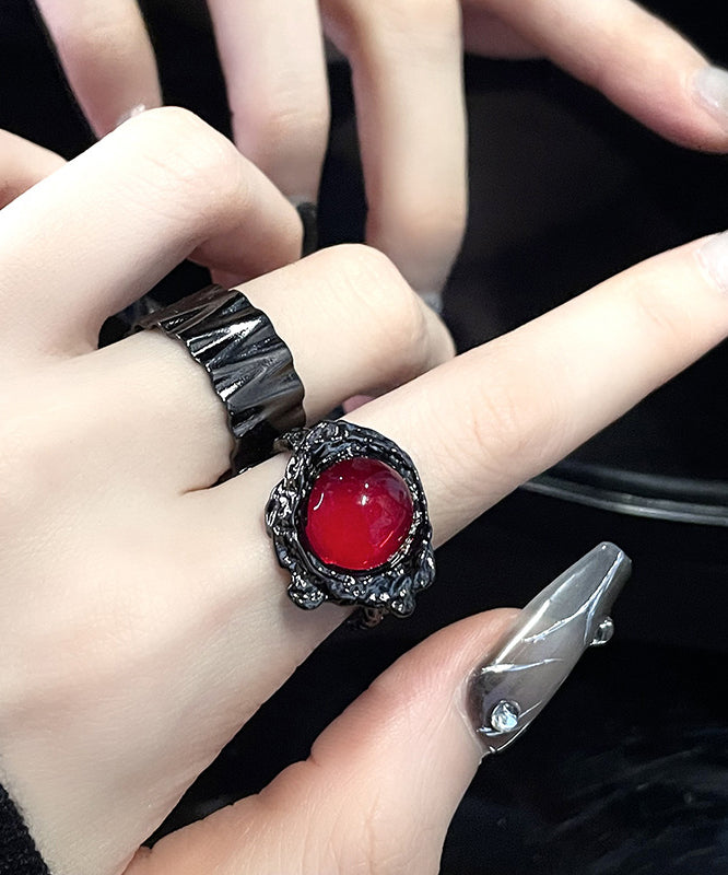 Retro Black Metal Gem Stone Rings Two Piece Set