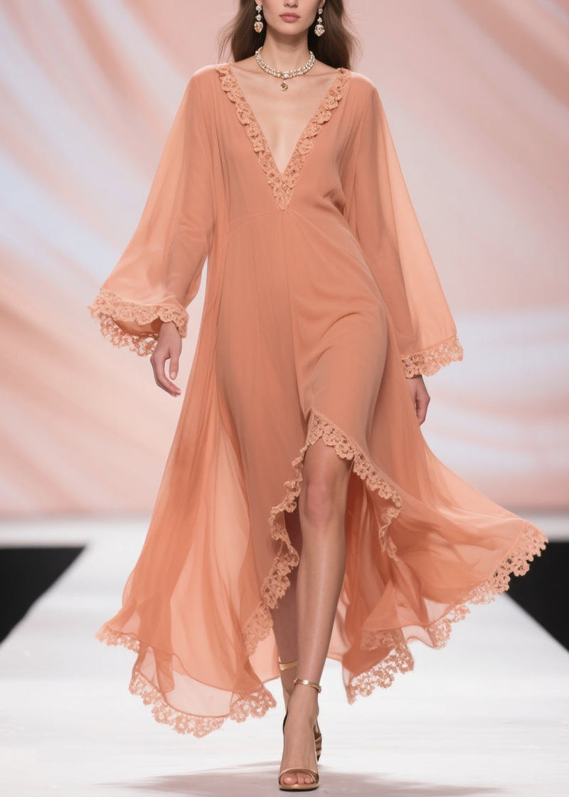 Fine Orange Lace Side Open Chiffon Long Dresses