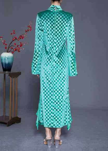 Art Green Stand Collar Plaid Side Open Silk Velour Long Dress Flare Sleeve
