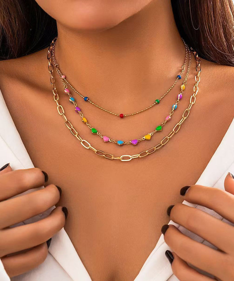 Rainbow Alloy Beading Broken Silver Love Three Piece Set Princess Necklace