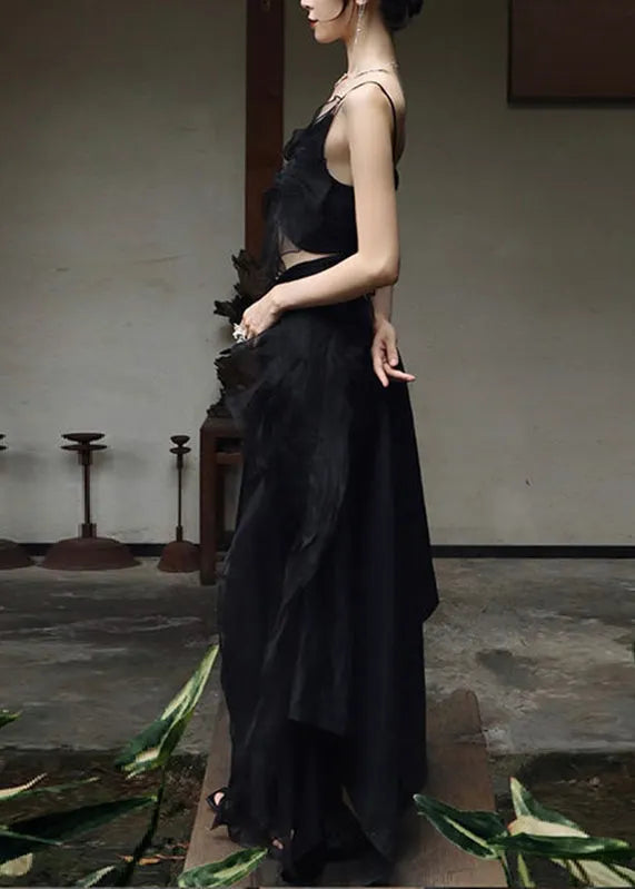 Diy Black V Neck Butterfly Tulle Vest and Maxi Skirts Two Pieces Set Summer