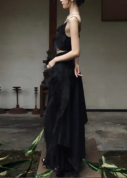 Diy Black V Neck Butterfly Tulle Vest and Maxi Skirts Two Pieces Set Summer