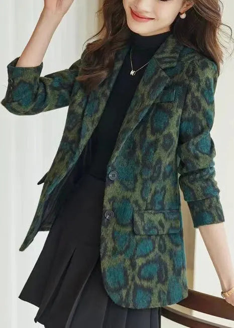 Green Leopard Print Woolen Coats Spring