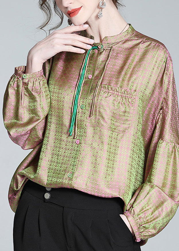 Pink Green Stand Collar Print Button Slik Shirts Lantern Sleeve