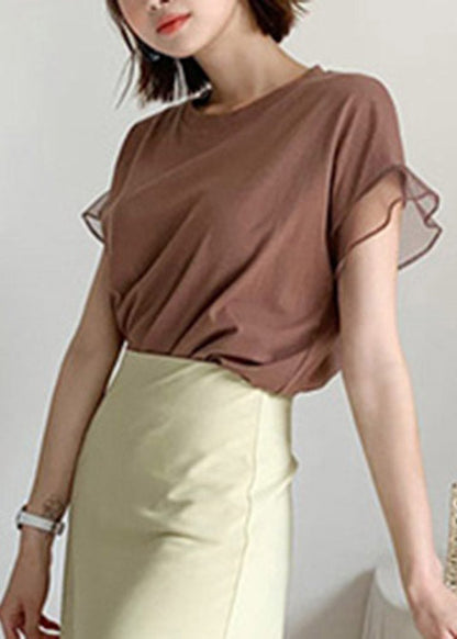 Chocolate O-neck Tulle Patchwork Ruffled Cotton T Shirts Short Sleeve
