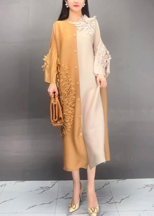 Classy Yellow Button Patchwork Silk Dress Fall