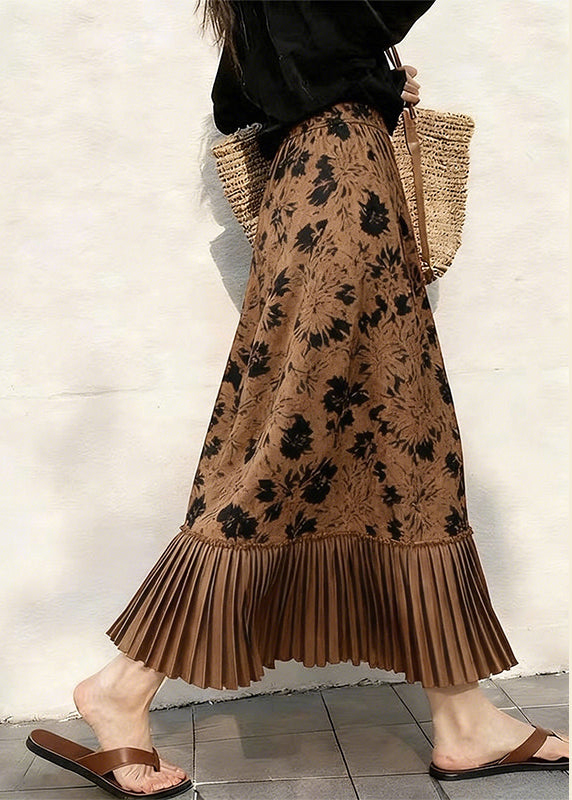 Coffee Print Pleated Patchwork Skirts Spring