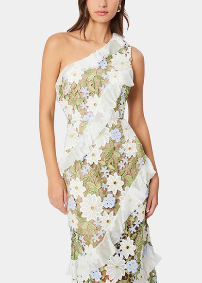 Art Green Embroidered Ruffled Long Dresses Sleeveless