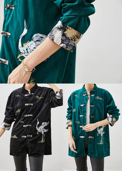 Black Embroideried Chinese Button Silk Velour Jackets Fall