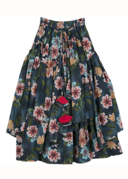 Green Wrinkled Asymmetrical Print Patchwork Cotton Skirts Fall