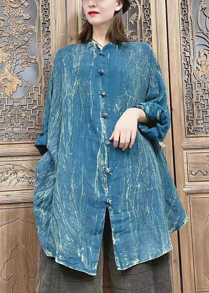 Blue Button Stand Collar Shirt Tops Spring