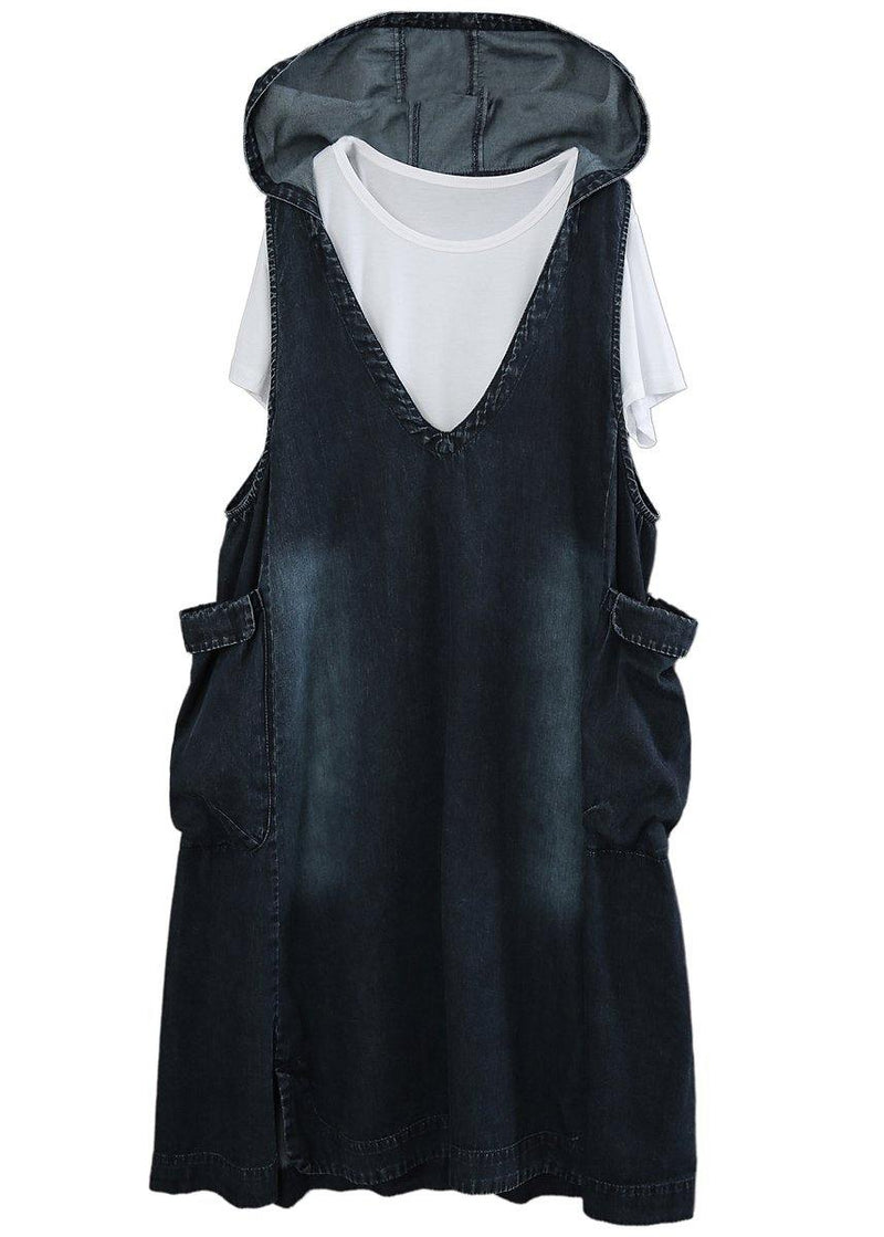 V-neck Denim Dress Double Pocket Loose Large T-shirt Two Piece Set