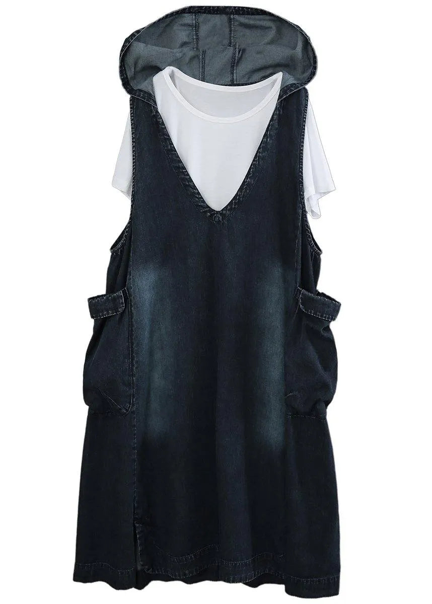 V-neck Denim Dress Double Pocket Loose Large T-shirt Two Piece Set