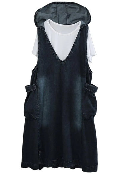 V-neck Denim Dress Double Pocket Loose Large T-shirt Two Piece Set