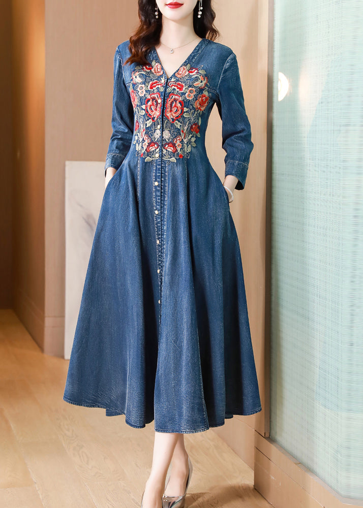 Natural Blue V Neck Embroideried Patchwork Denim Dress Long Sleeve