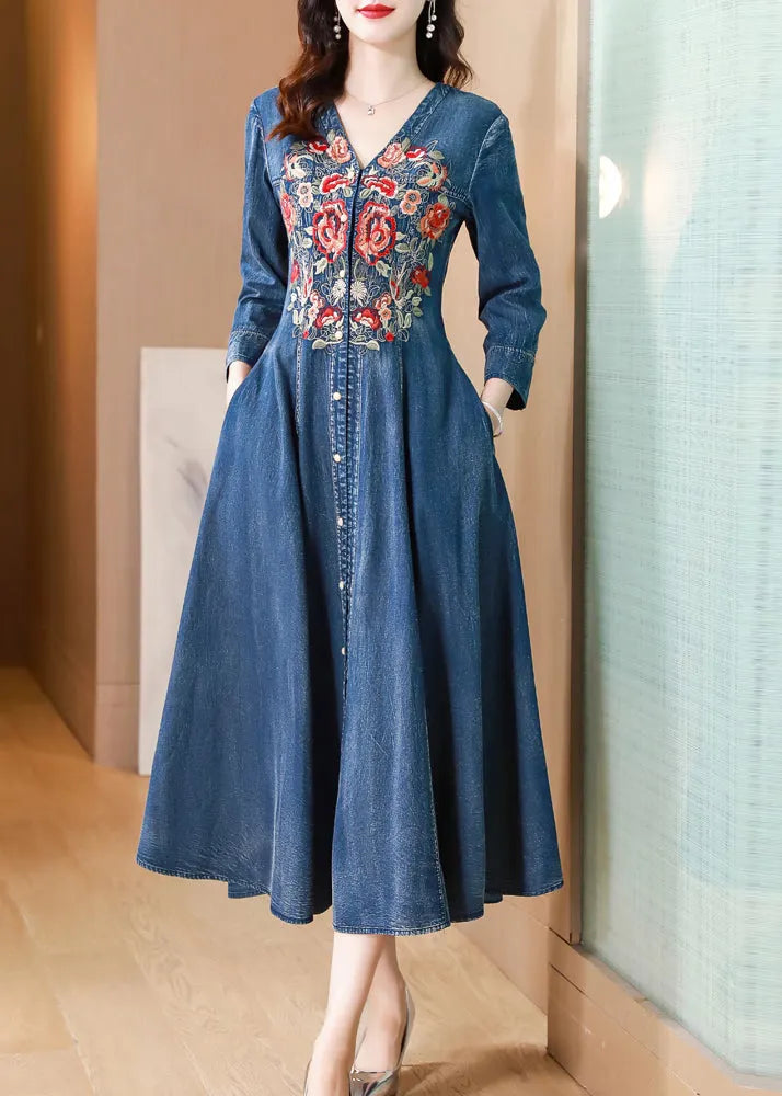 Natural Blue V Neck Embroideried Patchwork Denim Dress Long Sleeve