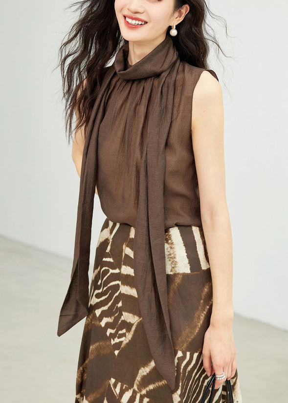 New Coffee Turtleneck Lace Up Cotton Top Sleeveless