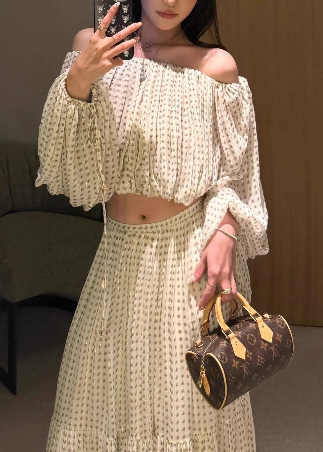 French Champagne Slash Neck Wrinkled Silk Two Pieces Set Fall
