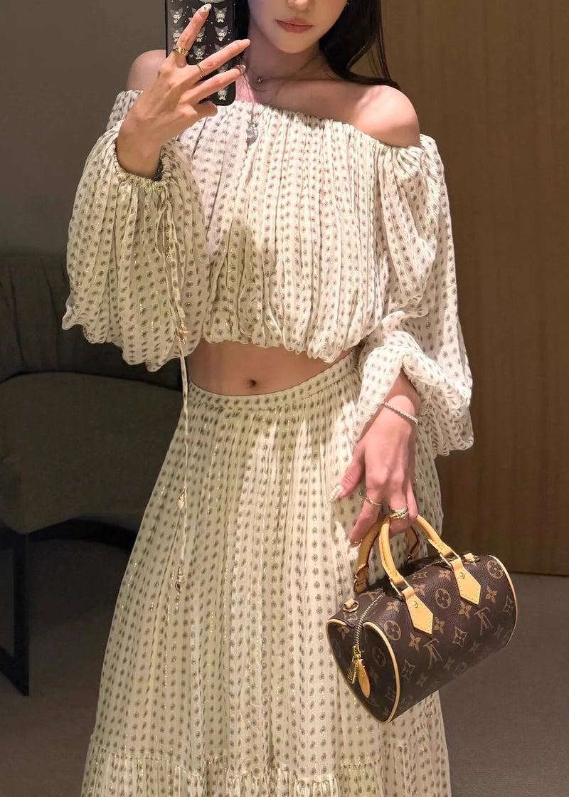 French Champagne Slash Neck Wrinkled Silk Two Pieces Set Fall