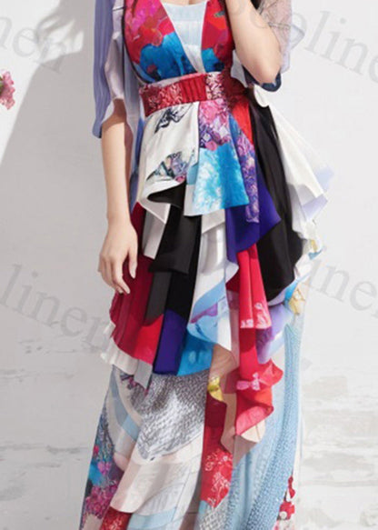 Print Asymmetrical Patchwork Silk Ankle Dress Summer