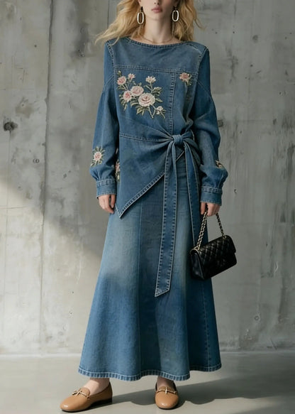 Style Blue Embroidered Top and Skirts Denim Two Pieces Set Spring
