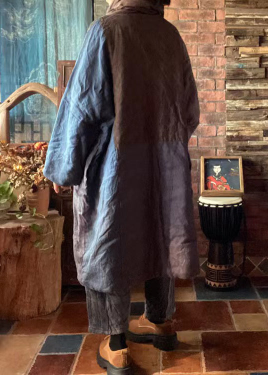 Blue V Neck Patchwork Fine Cotton Filled Coat Winter