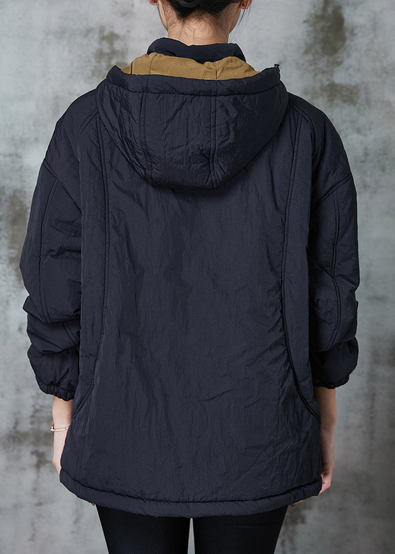 Black Patchwork Fine Cotton Filled Pullover Hooded Spring