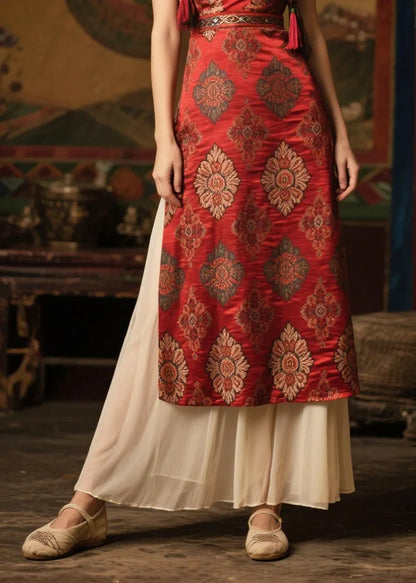 Silm Fit Red Print Side Open Silk Dress Sleeveless