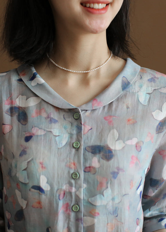 Grey Blue Peter Pan Collar Tie Waist Print Linen Vacation Dresses Half Sleeve