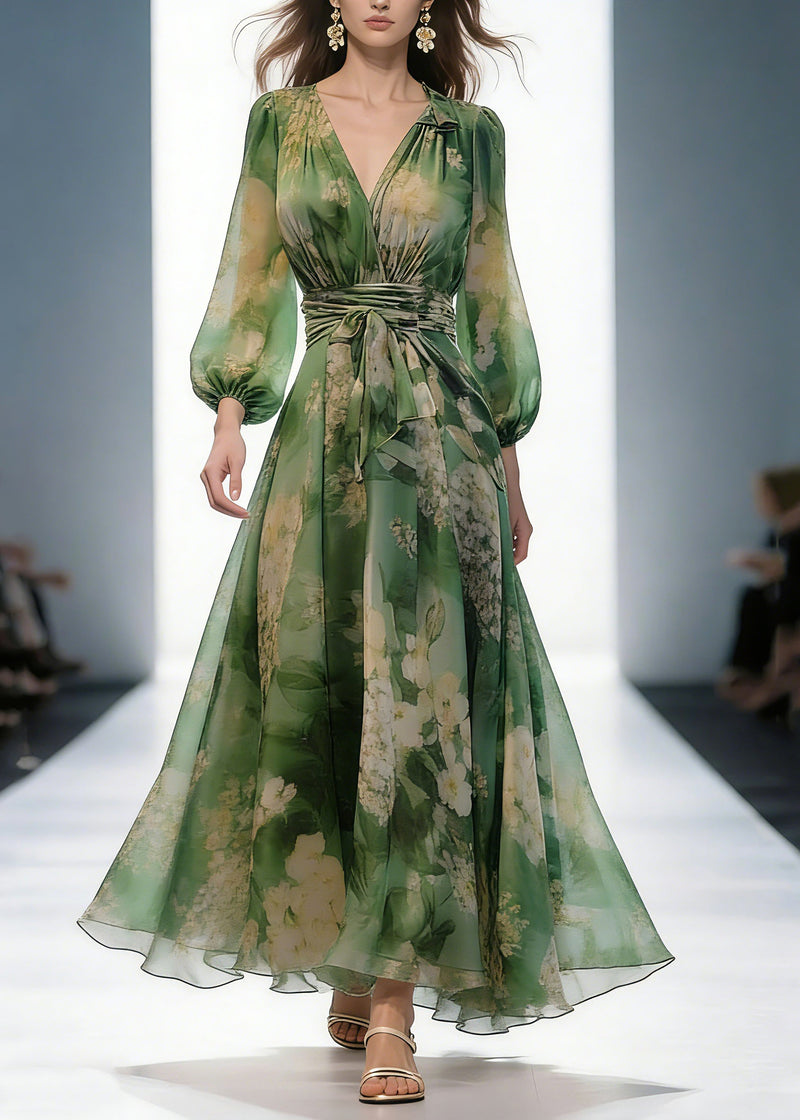 French Green V Neck Print High Waist Chiffon Dresses Long Sleeve Spring