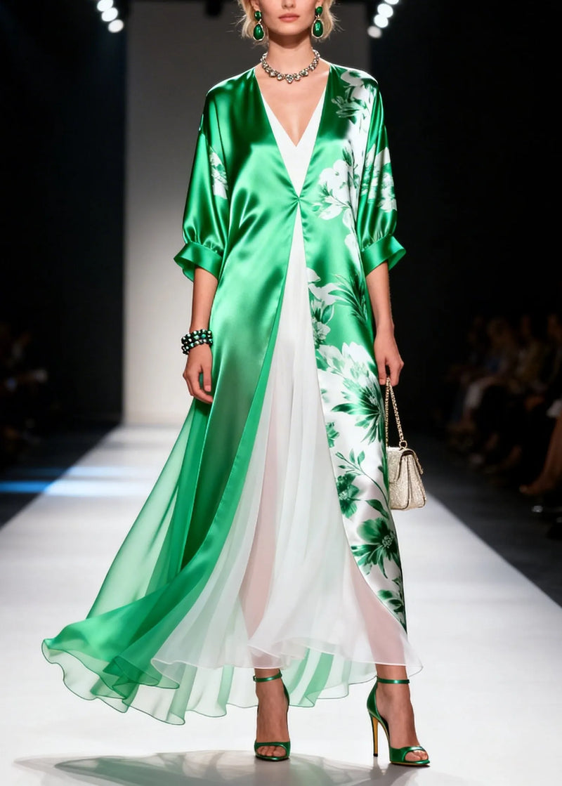 Green V Neck Print Patchwork Chiffon Dress Summer