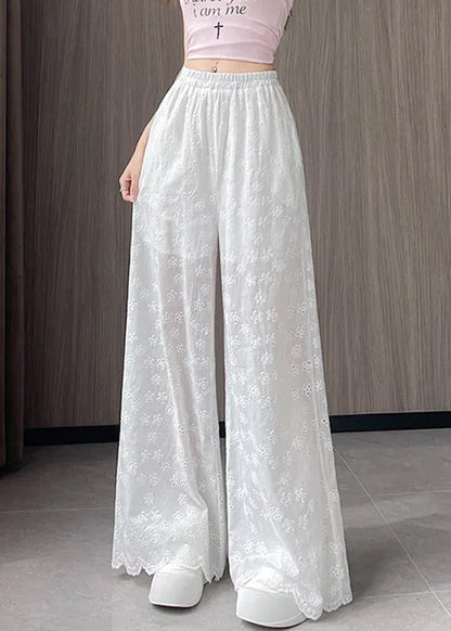 New White Hollow Out Elastic Waist Thin Cotton Wide Leg Pants Fall
