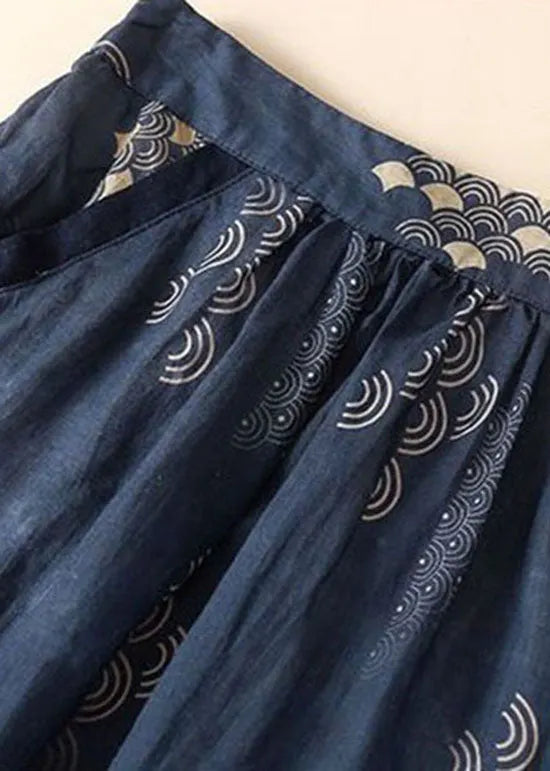 Navy Wrinkled Pockets Patchwork Linen Skirts Summer