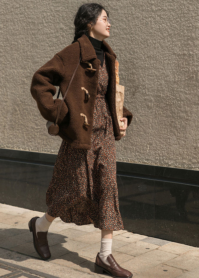 Chocolate Horn Button Thick Cashmere Teddy Coat Winter
