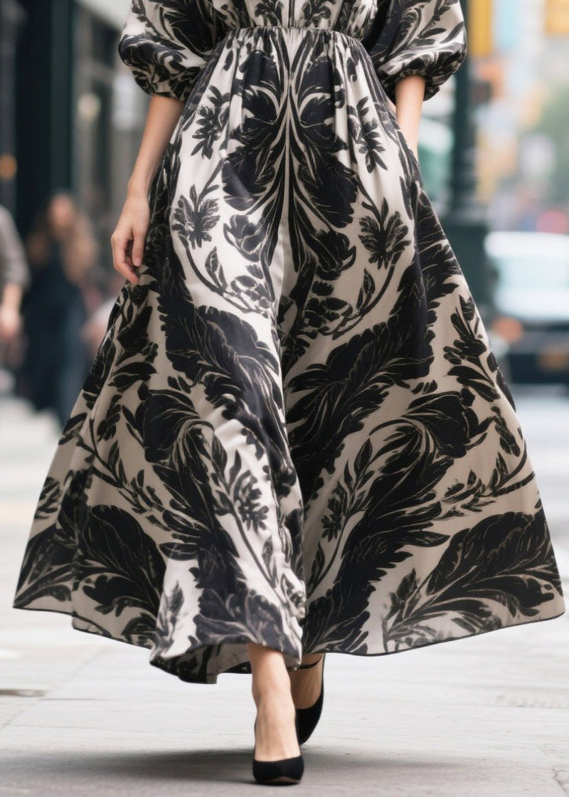 Black Print Exra Large Hem Chiffon Party Dress Summer
