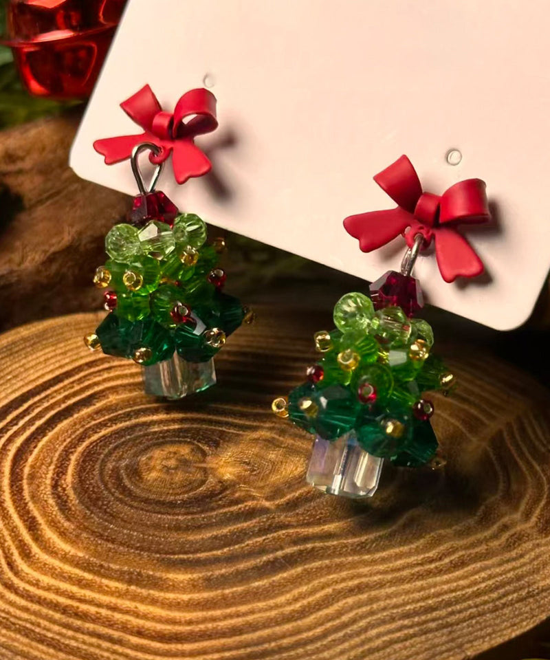 Chinese Style Green Sterling Silver Overgild Christmas Tree Bow Stud Earrings