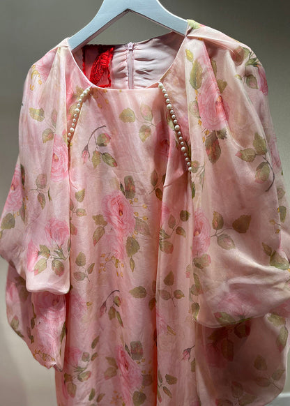 Pink Pearl Print Patchwork Tulle Dress Fall