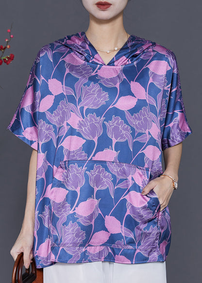 Blue Oversized Print Silk Sweatshirt Summer
