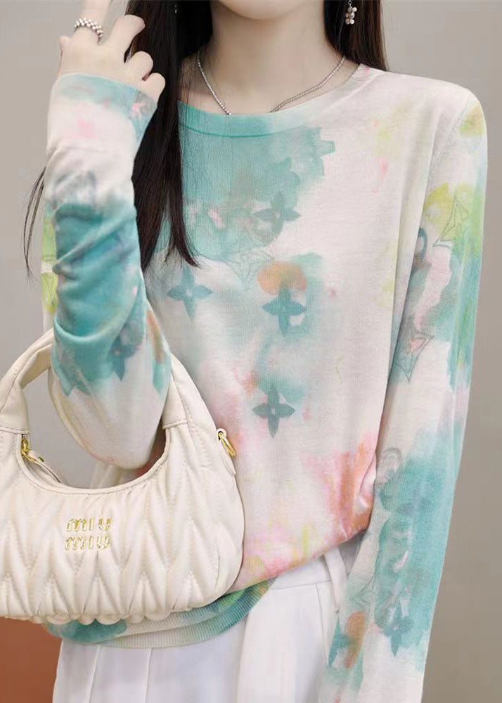 Green O Neck Print Silk Cotton T Shirt Spring