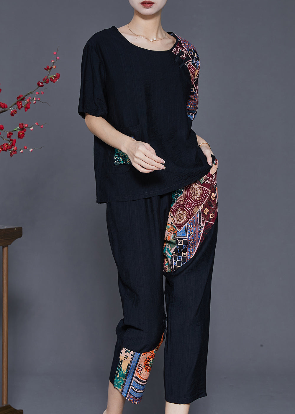 Black Oversized Patchwork Cotton Two Pieces Set Summer