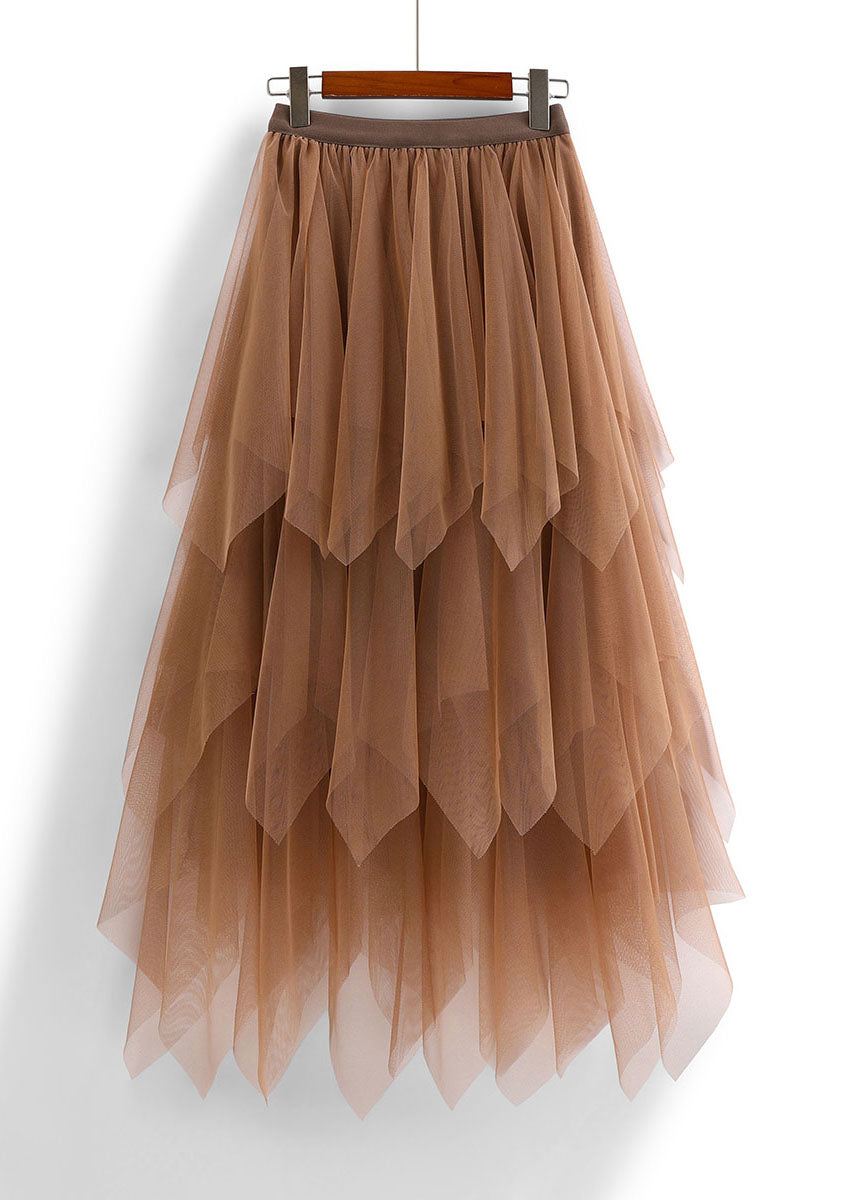 Chocolate Asymmetric Design Elastic Waist Tulle Skirts Spring