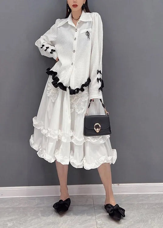 White Embroideried Ruffled Tulle Patchwork Chiffon Dress Two Pieces Set Spring