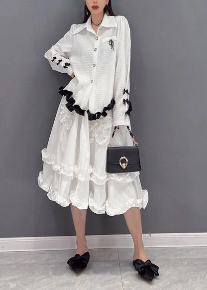 White Embroideried Ruffled Tulle Patchwork Chiffon Dress Two Pieces Set Spring