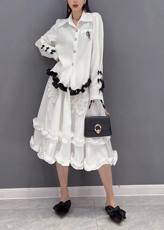 White Embroideried Ruffled Tulle Patchwork Chiffon Dress Two Pieces Set Spring