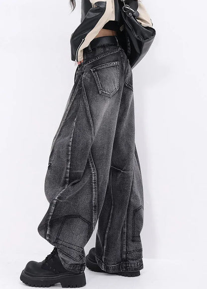 Stylish Black Pockets Patchwork Denim Ripped Pants Fall