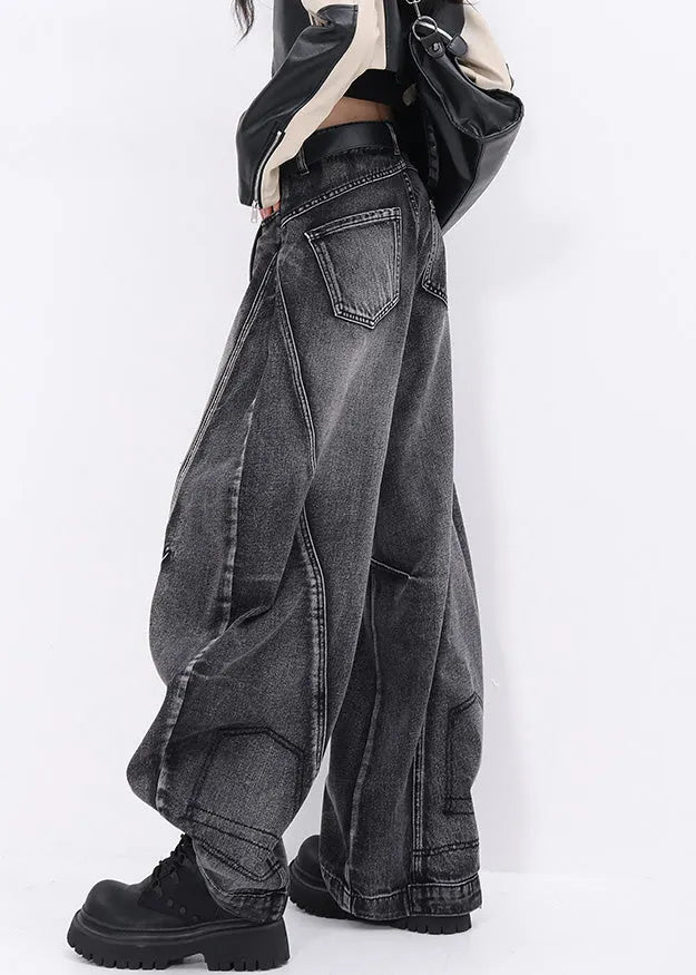 Stylish Black Pockets Patchwork Denim Ripped Pants Fall