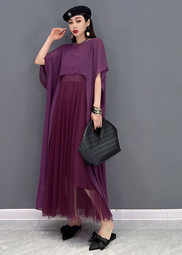 French Purple Asymmetrical Design Chiffon Dress and Cloak Two Pieces Set Summer